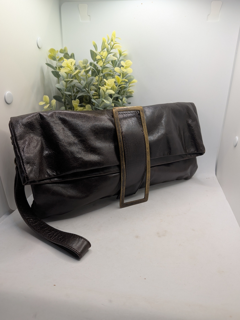 Hallaby  Italy Dark Brown Leather Fold-Over Clutch with Strap